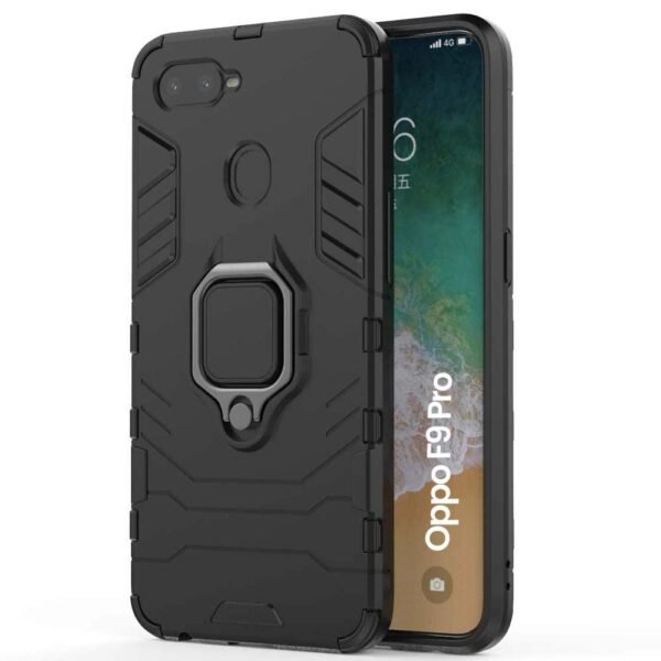 WOW IMAGINE Shock Proof Back Case Mobile Cover for Oppo F9 Pro | Realme U1 (Armor | Hybrid PC + TPU | Full Protection with Ring Holder Kickstand | Carbon Black)