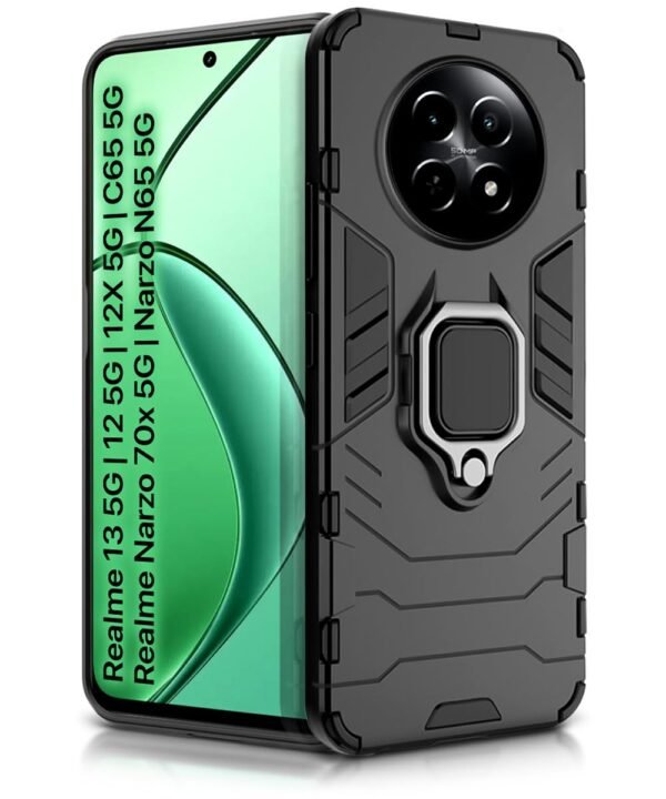 WOW IMAGINE Shock Proof Back Case Mobile Cover for Realme 13 5G | Realme 12 5G | 12X 5G | Narzo 70x 5G | C65 5G | N65 | Back Cover (Tough Armor | Hybrid PC + TPU | Ring Holder Kickstand | Black)
