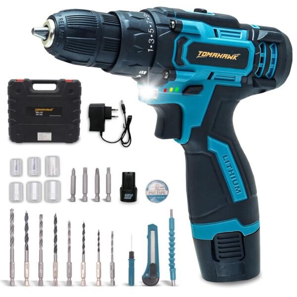 TOMAHAWK® TDS-7812 Cordless Screwdriver & Drill Set, 12V, Lightweight and Compact with Adjust...