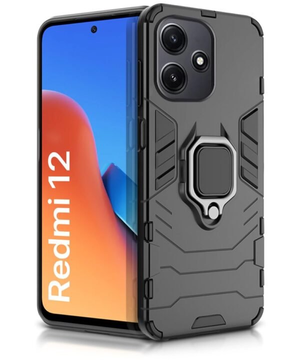 WOW IMAGINE Shock Proof Back Case Mobile Cover for Mi Redmi 12 5G | Redmi 12 4G | Poco M6 Pro 5G (Tough Armor | Hybrid PC + TPU | Full Protection with Ring Holder & in-Built Kickstand | Black)