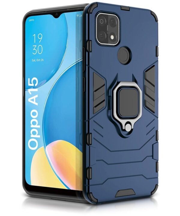 WOW IMAGINE Shock Proof Back Case Mobile Cover for Oppo A15 | Oppo A15s | Back Cover Case (Tough Armor | Hybrid PC + TPU | Ring Holder & in-Built Kickstand | Blue)