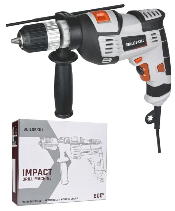 BUILDSKILL Impact Drill Machine 800W, 0-3000 RPM, 13mm Keyless Chuck, 2 Modes, Reverse/Forwar...