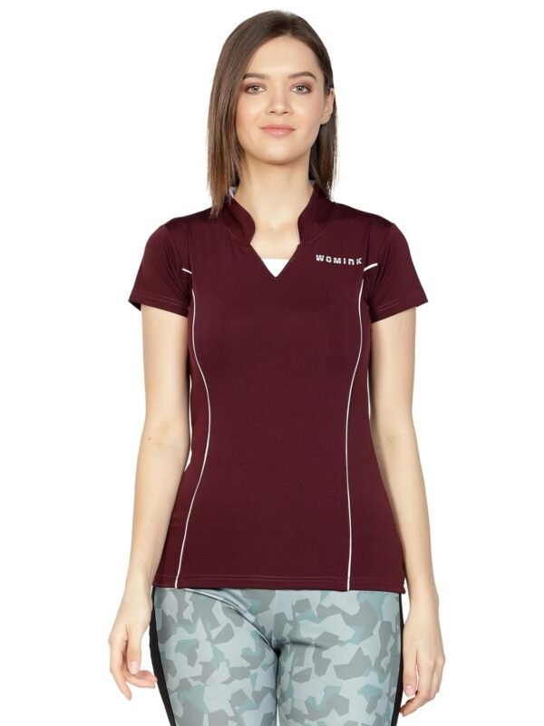 Womink Women's Sports T-Shirt I Elastane Quick Drying & Breathable I Self Design Regular Fit Mandarin Collar V Neck Half Sleeve Tees I Tshirts for Running Yoga Gym Girls & Women