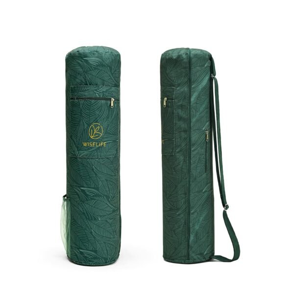 Wiselife Yoga Mat Bag Green LeavesPremium Carry Bag, Full Easy Access Zip, Multi Functional Storage Pockets & Adjustable Shoulder Strap - Green