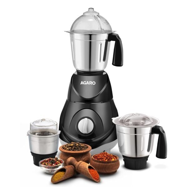 AGARO Elite Mixer Grinder 550W, 100% Copper Motor, 3 Stainless Steel Jar, 3 Speed, Whip Funct...