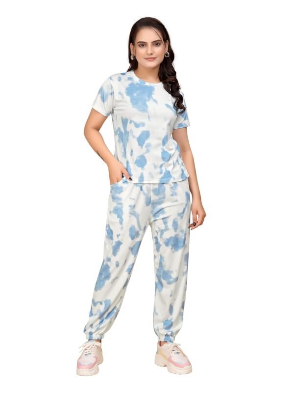 Women's Stylish Tie-Dye Print Tracksuit Set | Short Sleeve T-Shirt & Jogger Pants with Side Pockets | Comfortable Casual Wear for Lounging, Yoga, Gym, and Daily Outings.
