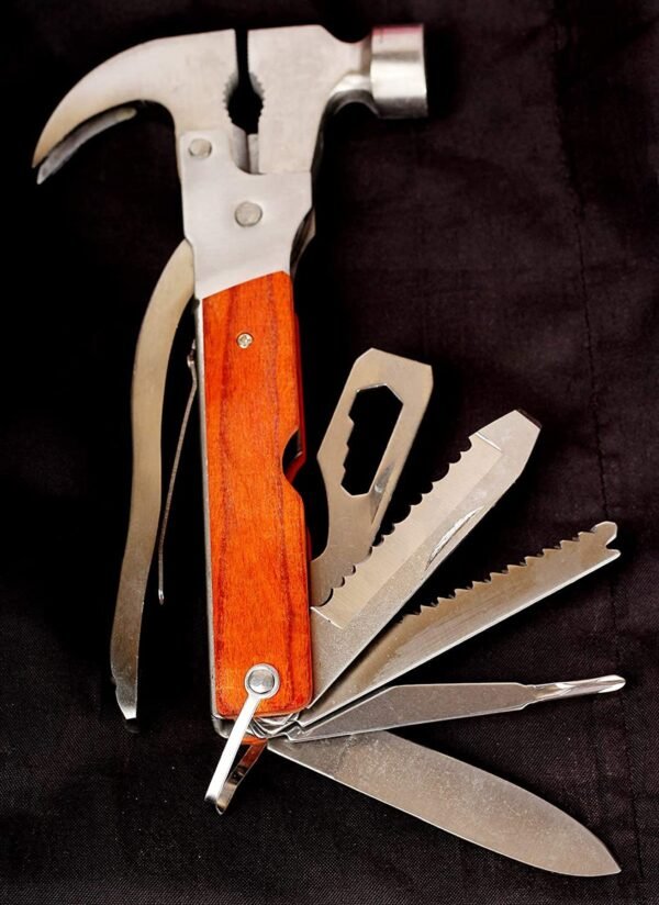 VENEKETY 14 in1 Multi Functional Multitool Stainless Steel and Wooden Claw Hammer "Pack of 1"