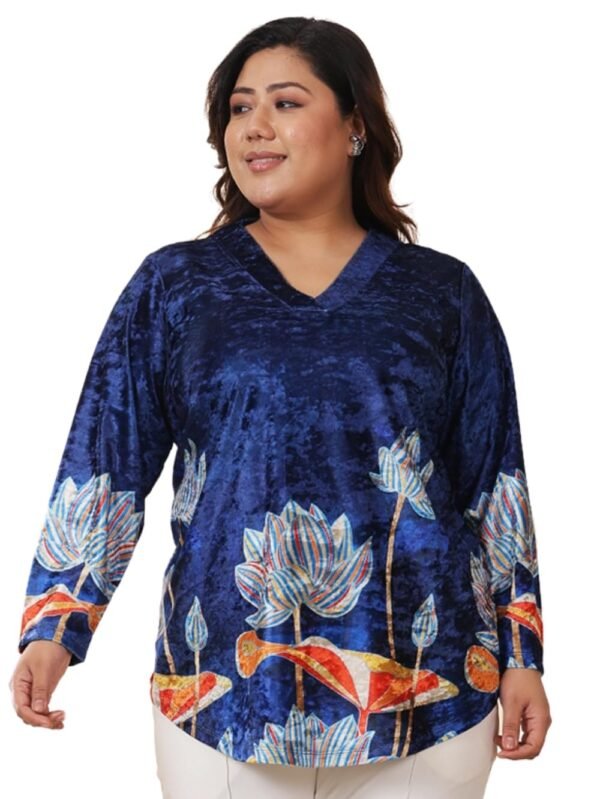 Amydus Plus Size Blue Floral Velvet Top for Wo...